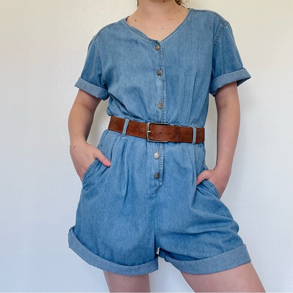 Unbranded | Vintage 90s Button-Down Denim Overall Romper - Picture 1 of 6